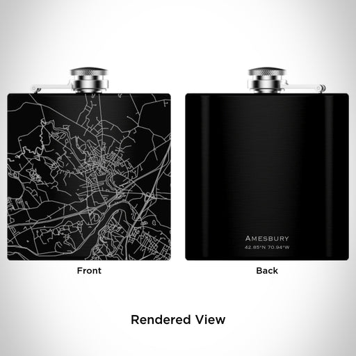 Rendered View of Amesbury Massachusetts Map Engraving on 6oz Stainless Steel Flask in Black