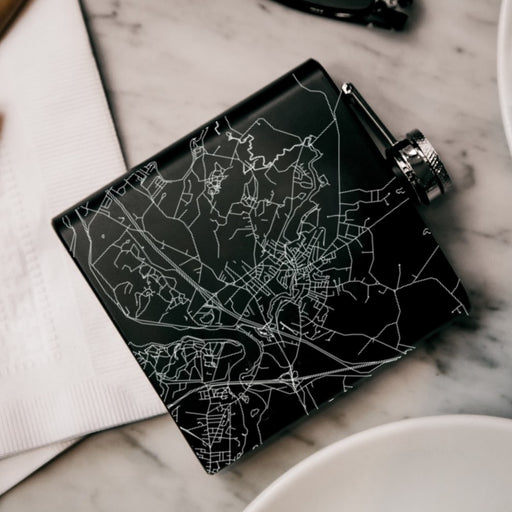 Amesbury Massachusetts Custom Engraved City Map Inscription Coordinates on 6oz Stainless Steel Flask in Black