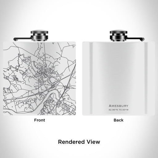 Rendered View of Amesbury Massachusetts Map Engraving on 6oz Stainless Steel Flask in White