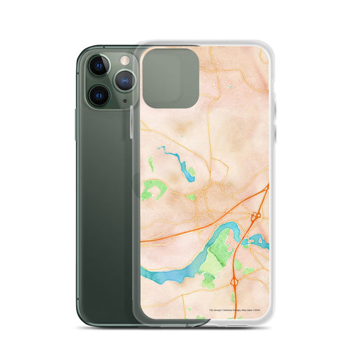 Custom Amesbury Massachusetts Map Phone Case in Watercolor on Table with Laptop and Plant