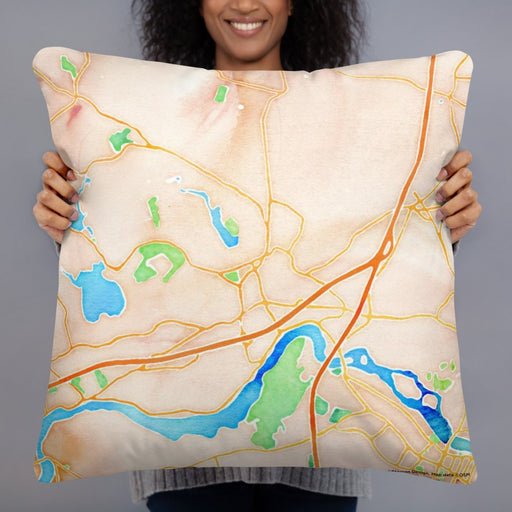 Person holding 22x22 Custom Amesbury Massachusetts Map Throw Pillow in Watercolor