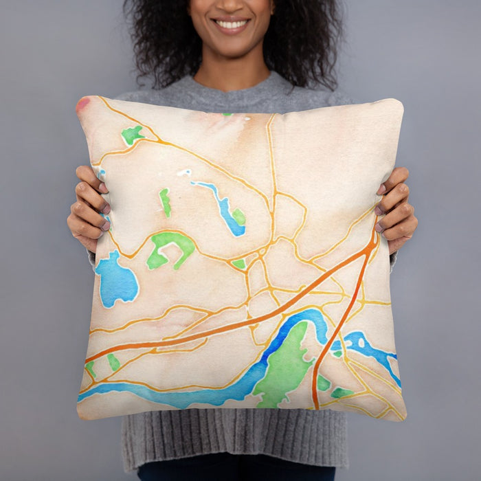 Person holding 18x18 Custom Amesbury Massachusetts Map Throw Pillow in Watercolor