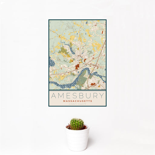 12x18 Amesbury Massachusetts Map Print Portrait Orientation in Woodblock Style With Small Cactus Plant in White Planter