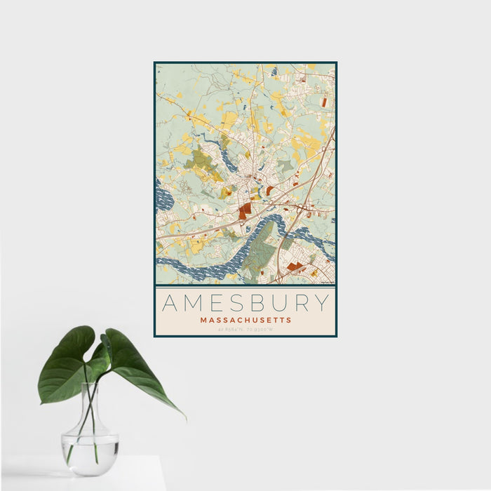 16x24 Amesbury Massachusetts Map Print Portrait Orientation in Woodblock Style With Tropical Plant Leaves in Water