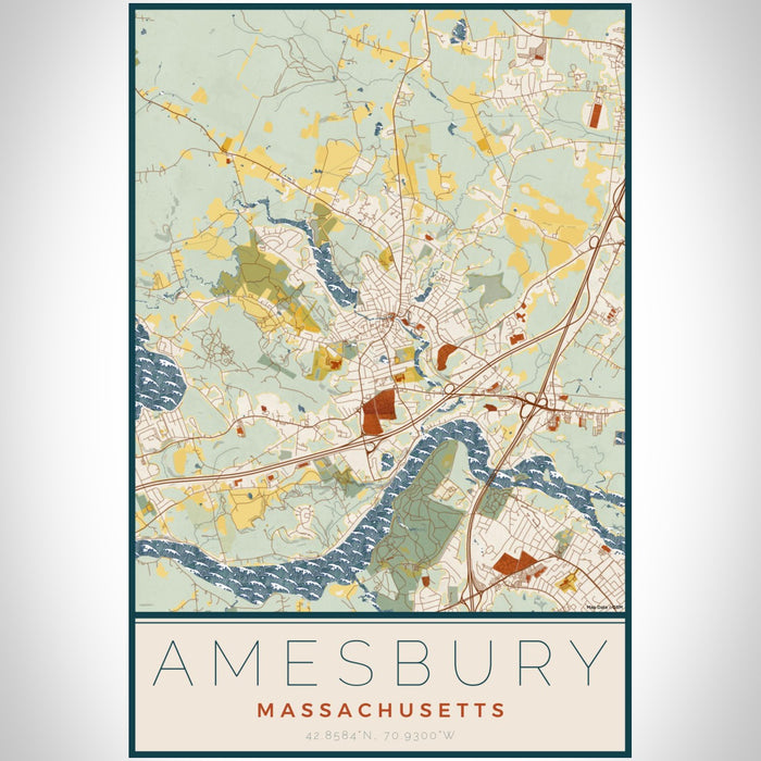 Amesbury Massachusetts Map Print Portrait Orientation in Woodblock Style With Shaded Background