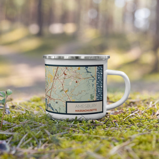 Right View Custom Amesbury Massachusetts Map Enamel Mug in Woodblock on Grass With Trees in Background