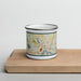 Front View Custom Amesbury Massachusetts Map Enamel Mug in Woodblock on Cutting Board
