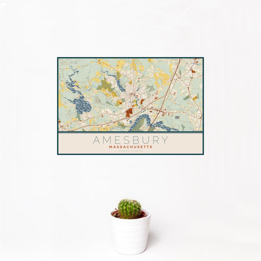 12x18 Amesbury Massachusetts Map Print Landscape Orientation in Woodblock Style With Small Cactus Plant in White Planter