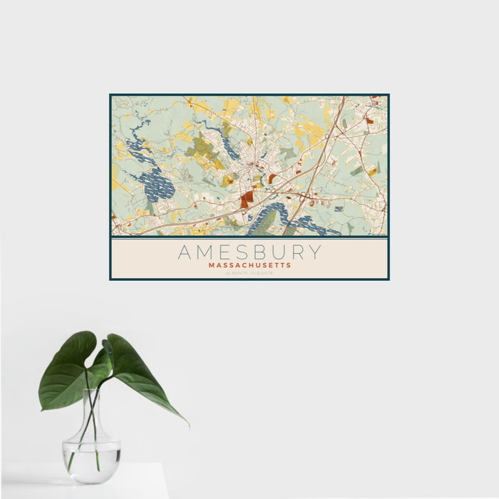 16x24 Amesbury Massachusetts Map Print Landscape Orientation in Woodblock Style With Tropical Plant Leaves in Water