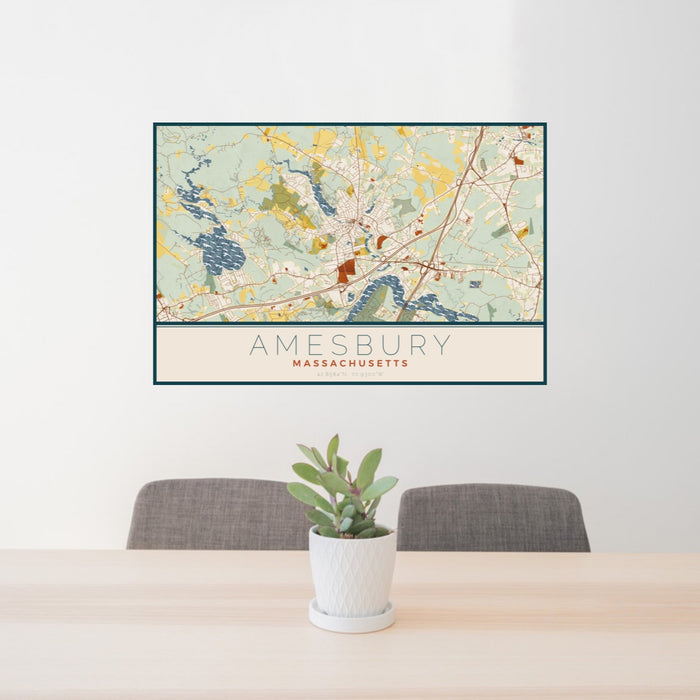 24x36 Amesbury Massachusetts Map Print Landscape Orientation in Woodblock Style Behind 2 Chairs Table and Potted Plant