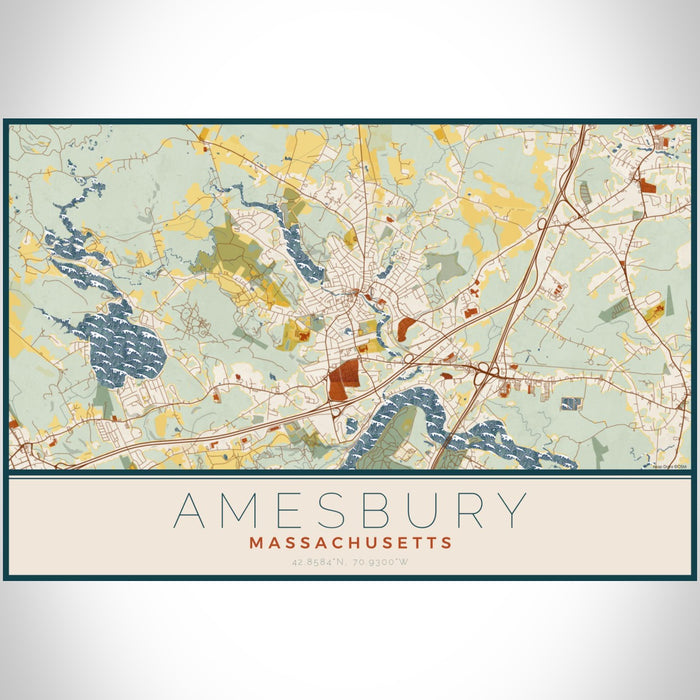 Amesbury Massachusetts Map Print Landscape Orientation in Woodblock Style With Shaded Background