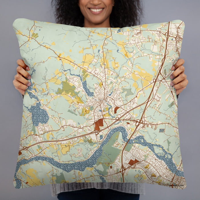 Person holding 22x22 Custom Amesbury Massachusetts Map Throw Pillow in Woodblock