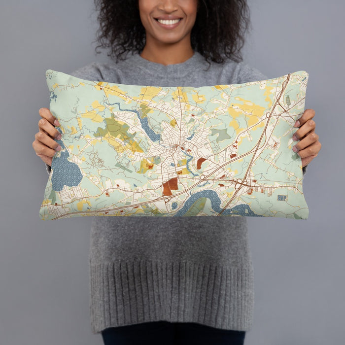 Person holding 20x12 Custom Amesbury Massachusetts Map Throw Pillow in Woodblock