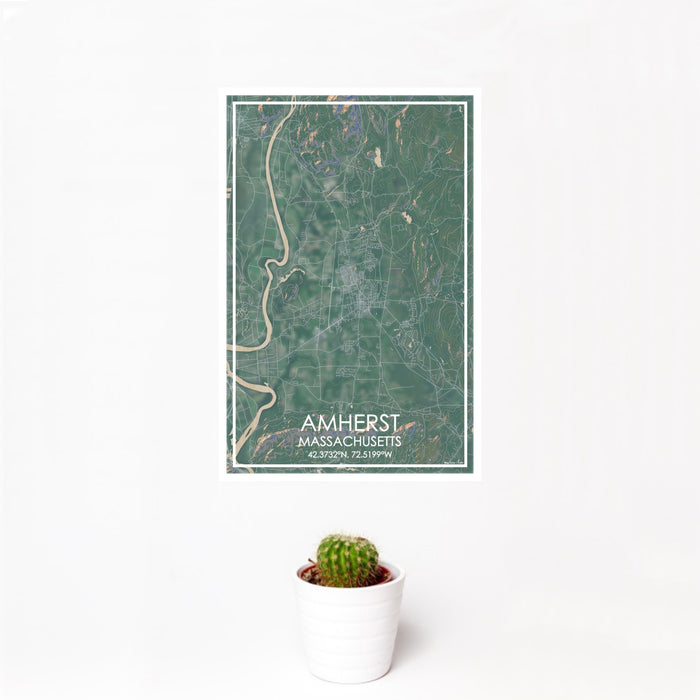 12x18 Amherst Massachusetts Map Print Portrait Orientation in Afternoon Style With Small Cactus Plant in White Planter