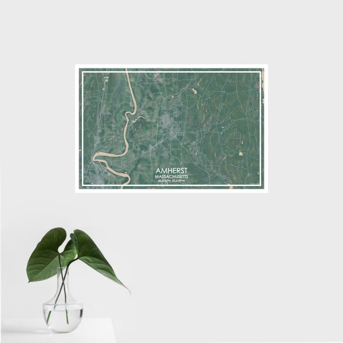 16x24 Amherst Massachusetts Map Print Landscape Orientation in Afternoon Style With Tropical Plant Leaves in Water