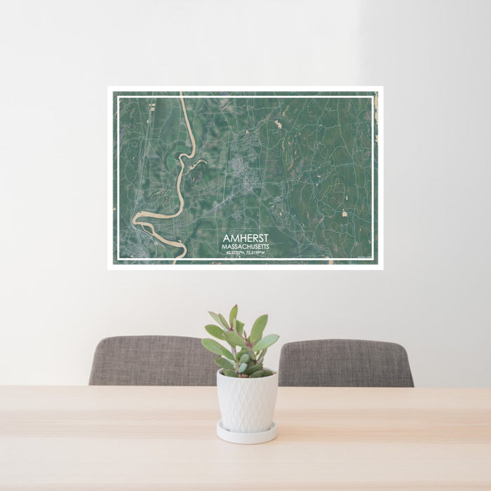 24x36 Amherst Massachusetts Map Print Lanscape Orientation in Afternoon Style Behind 2 Chairs Table and Potted Plant