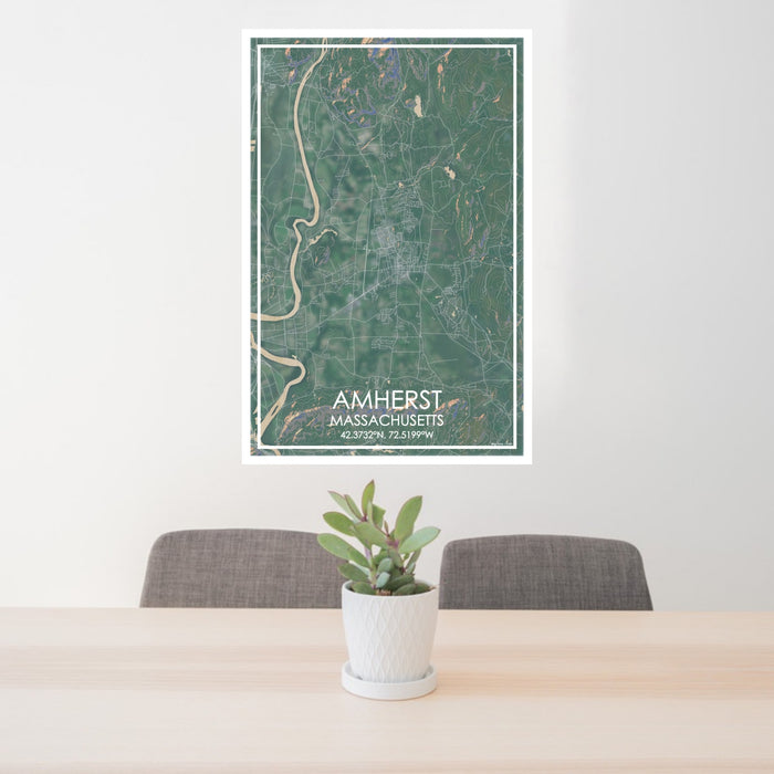 24x36 Amherst Massachusetts Map Print Portrait Orientation in Afternoon Style Behind 2 Chairs Table and Potted Plant