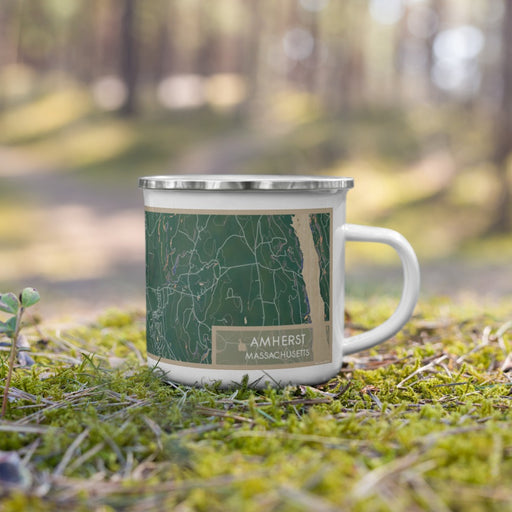 Right View Custom Amherst Massachusetts Map Enamel Mug in Afternoon on Grass With Trees in Background