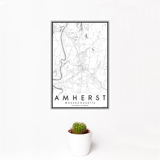 12x18 Amherst Massachusetts Map Print Portrait Orientation in Classic Style With Small Cactus Plant in White Planter