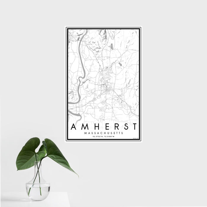 16x24 Amherst Massachusetts Map Print Portrait Orientation in Classic Style With Tropical Plant Leaves in Water