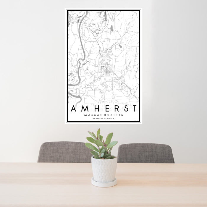24x36 Amherst Massachusetts Map Print Portrait Orientation in Classic Style Behind 2 Chairs Table and Potted Plant