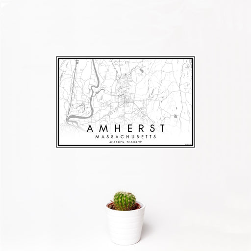 12x18 Amherst Massachusetts Map Print Landscape Orientation in Classic Style With Small Cactus Plant in White Planter