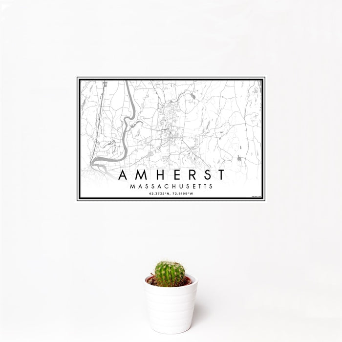 12x18 Amherst Massachusetts Map Print Landscape Orientation in Classic Style With Small Cactus Plant in White Planter