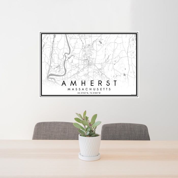 24x36 Amherst Massachusetts Map Print Landscape Orientation in Classic Style Behind 2 Chairs Table and Potted Plant