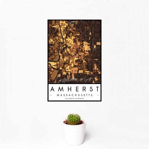 12x18 Amherst Massachusetts Map Print Portrait Orientation in Ember Style With Small Cactus Plant in White Planter