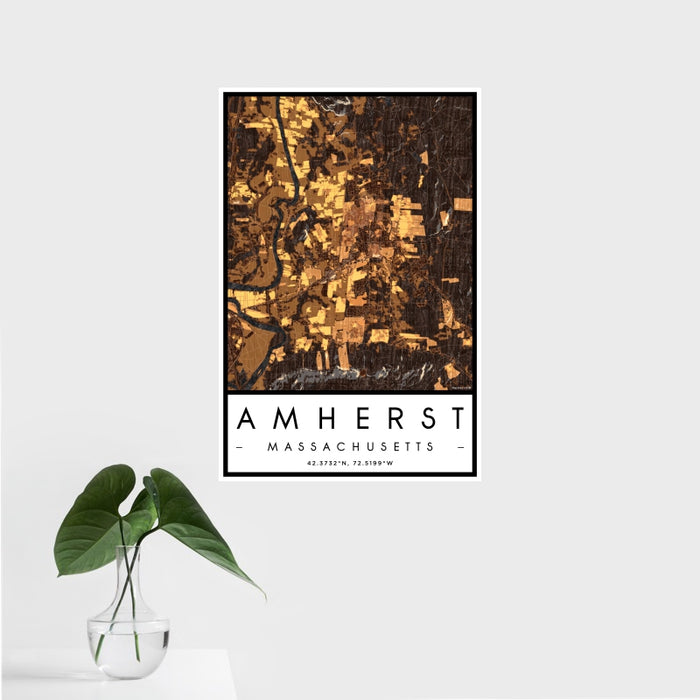 16x24 Amherst Massachusetts Map Print Portrait Orientation in Ember Style With Tropical Plant Leaves in Water
