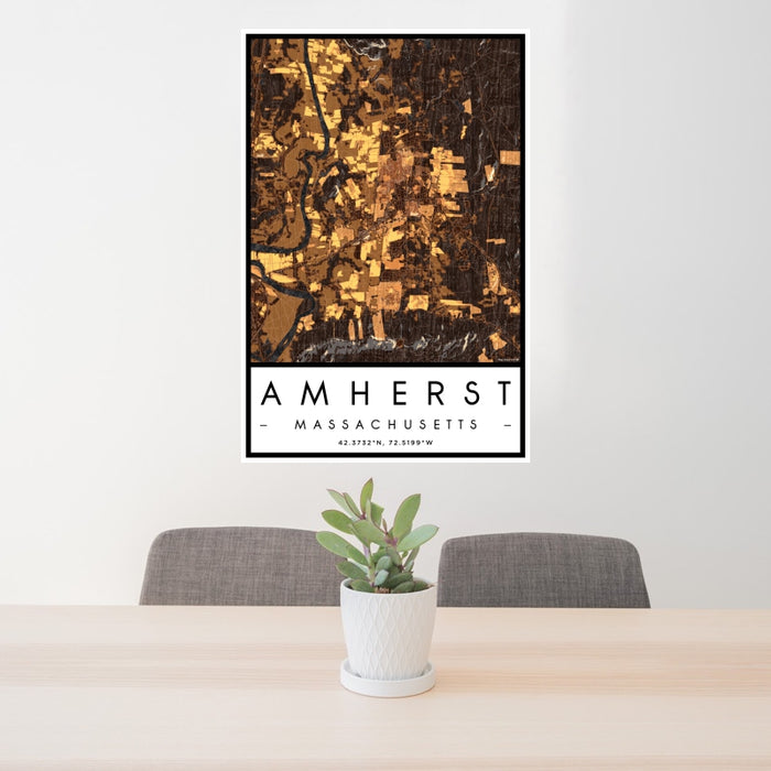 24x36 Amherst Massachusetts Map Print Portrait Orientation in Ember Style Behind 2 Chairs Table and Potted Plant