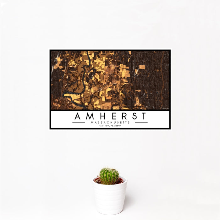 12x18 Amherst Massachusetts Map Print Landscape Orientation in Ember Style With Small Cactus Plant in White Planter