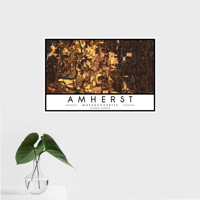 16x24 Amherst Massachusetts Map Print Landscape Orientation in Ember Style With Tropical Plant Leaves in Water