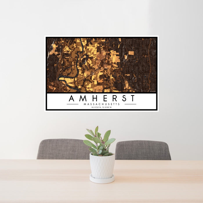 24x36 Amherst Massachusetts Map Print Landscape Orientation in Ember Style Behind 2 Chairs Table and Potted Plant