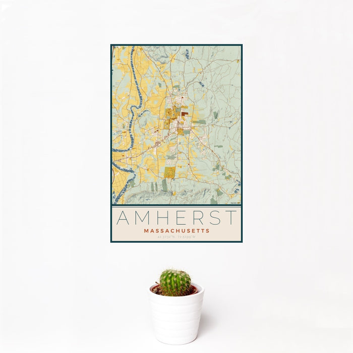 12x18 Amherst Massachusetts Map Print Portrait Orientation in Woodblock Style With Small Cactus Plant in White Planter