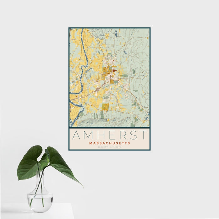 16x24 Amherst Massachusetts Map Print Portrait Orientation in Woodblock Style With Tropical Plant Leaves in Water