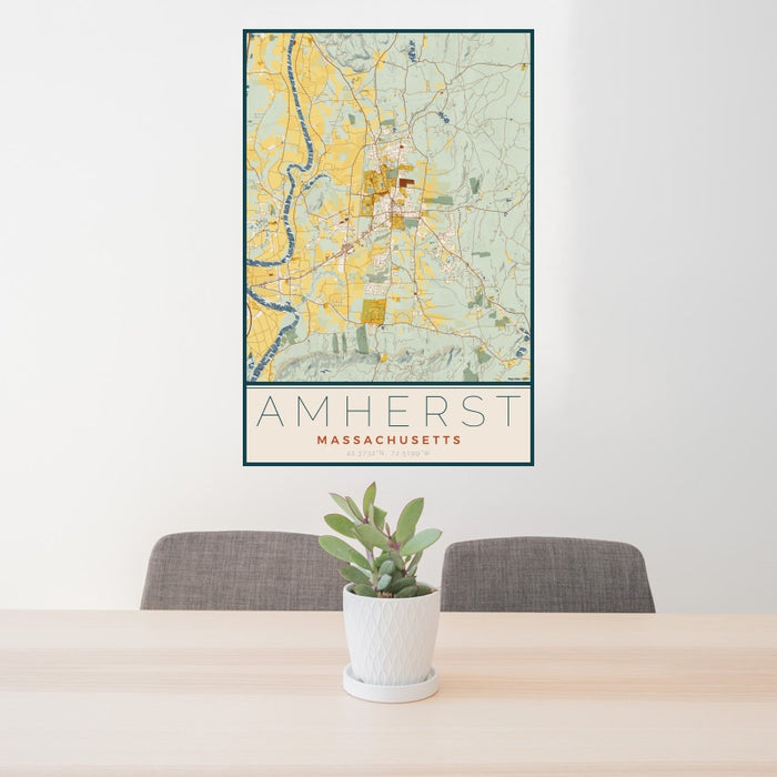 24x36 Amherst Massachusetts Map Print Portrait Orientation in Woodblock Style Behind 2 Chairs Table and Potted Plant