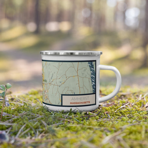 Right View Custom Amherst Massachusetts Map Enamel Mug in Woodblock on Grass With Trees in Background
