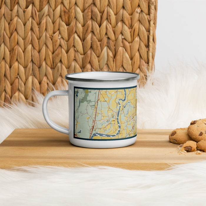 Left View Custom Amherst Massachusetts Map Enamel Mug in Woodblock on Table Top