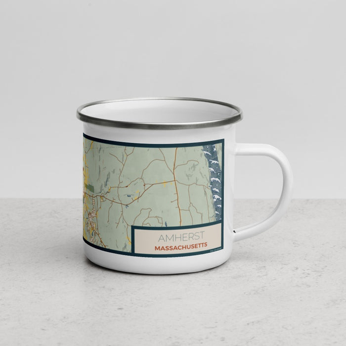 Right View Custom Amherst Massachusetts Map Enamel Mug in Woodblock