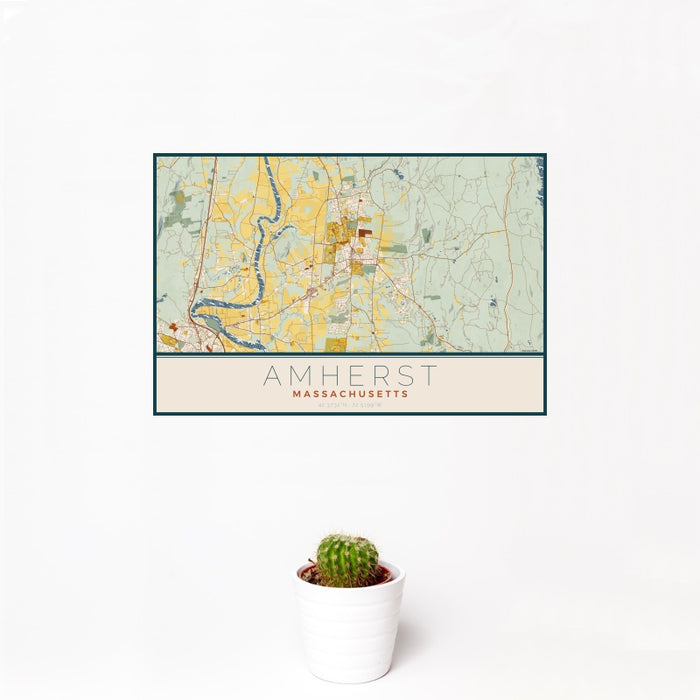 12x18 Amherst Massachusetts Map Print Landscape Orientation in Woodblock Style With Small Cactus Plant in White Planter