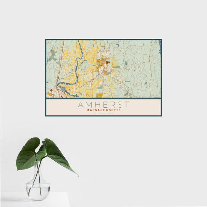 16x24 Amherst Massachusetts Map Print Landscape Orientation in Woodblock Style With Tropical Plant Leaves in Water