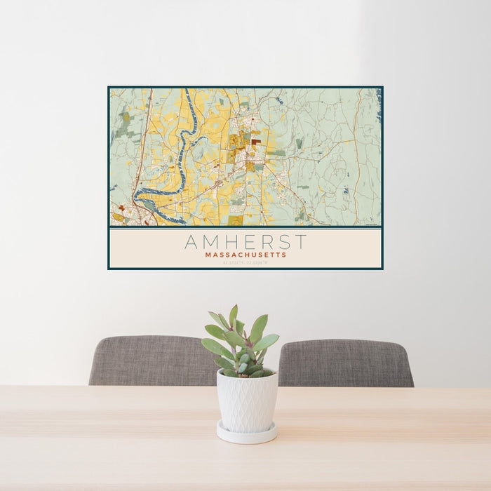 24x36 Amherst Massachusetts Map Print Landscape Orientation in Woodblock Style Behind 2 Chairs Table and Potted Plant