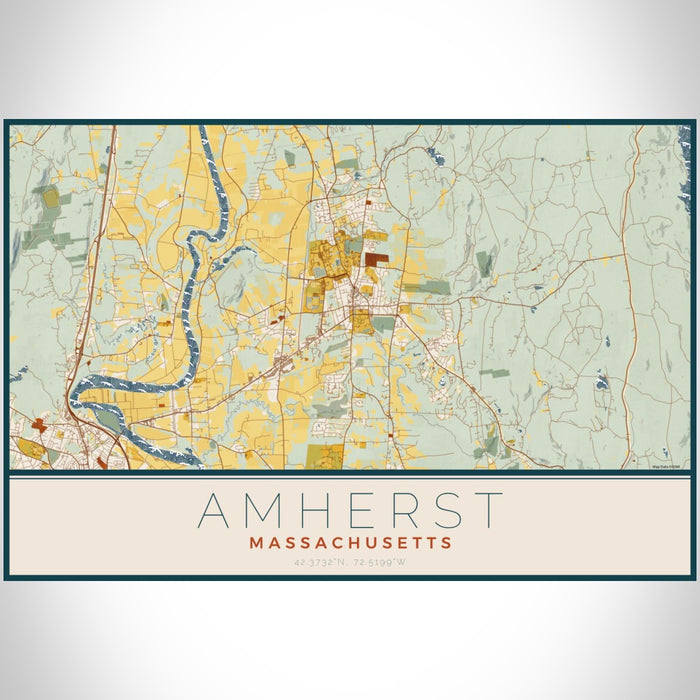Amherst Massachusetts Map Print Landscape Orientation in Woodblock Style With Shaded Background