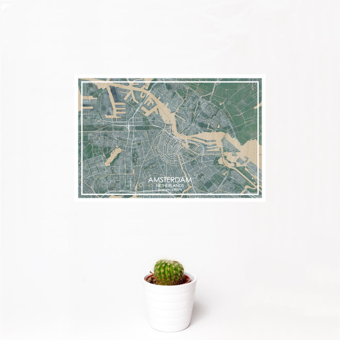 12x18 Amsterdam Netherlands Map Print Landscape Orientation in Afternoon Style With Small Cactus Plant in White Planter