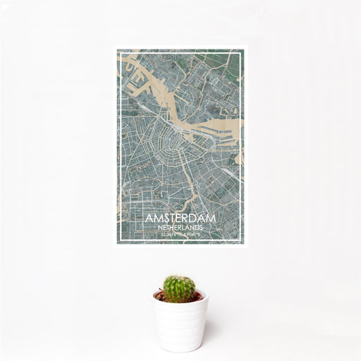 12x18 Amsterdam Netherlands Map Print Portrait Orientation in Afternoon Style With Small Cactus Plant in White Planter
