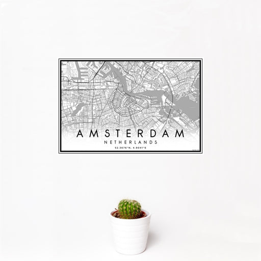12x18 Amsterdam Netherlands Map Print Landscape Orientation in Classic Style With Small Cactus Plant in White Planter