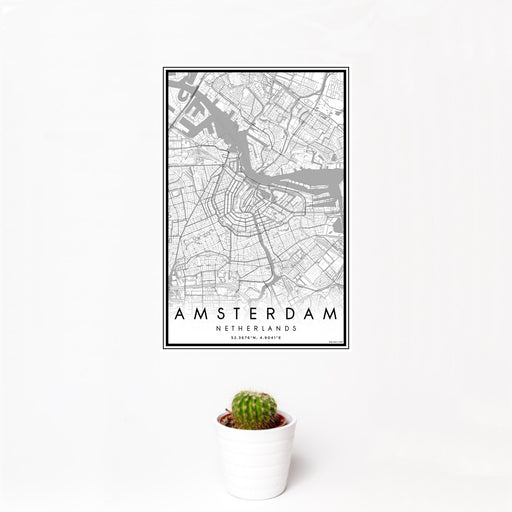 12x18 Amsterdam Netherlands Map Print Portrait Orientation in Classic Style With Small Cactus Plant in White Planter