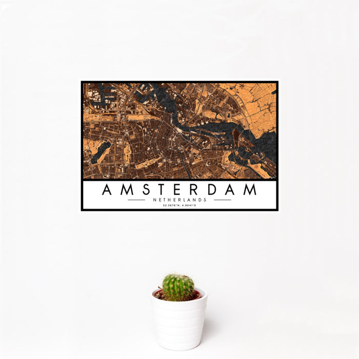 12x18 Amsterdam Netherlands Map Print Landscape Orientation in Ember Style With Small Cactus Plant in White Planter