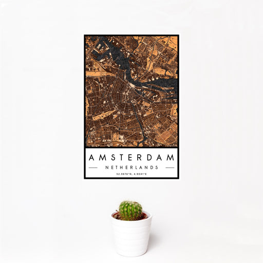 12x18 Amsterdam Netherlands Map Print Portrait Orientation in Ember Style With Small Cactus Plant in White Planter